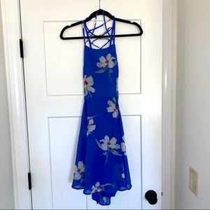 Blue Floral Lace-Up Open Back Dress